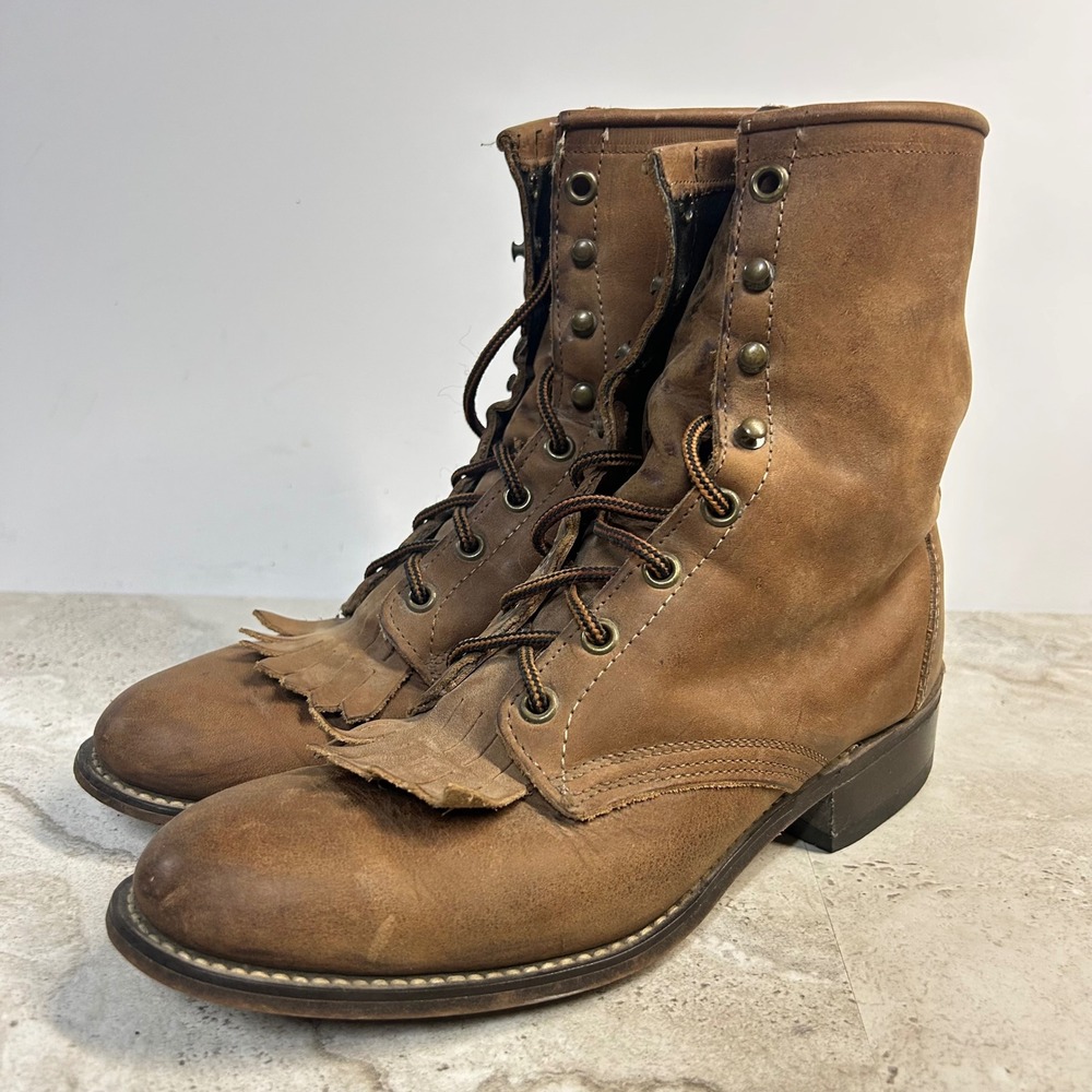 Laredo Packer Boots Tan Leather Lace Up Kiltie Men 7.5 M Made in USA Vintage
